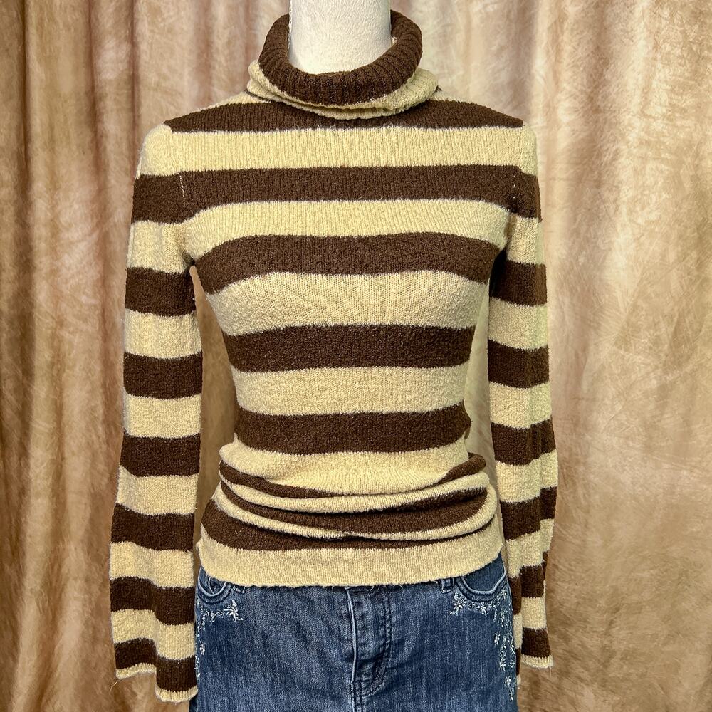 Vintage Y2K Striped Sweater Turtleneck Long Sleeve Knit Brown Tan Indie 2000s